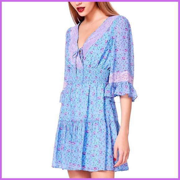 Betsey Johnson Floral Blue Pink Babydoll Mini Dress - Picture 1 of 11